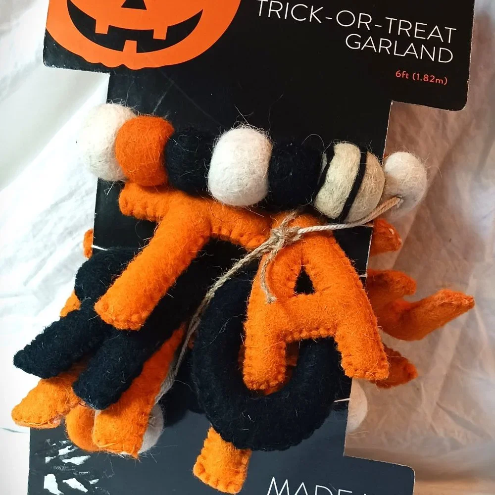 Trick Or Treat Black Orange White 6 Foot Garland Felted Wool Puffy Letters Balls